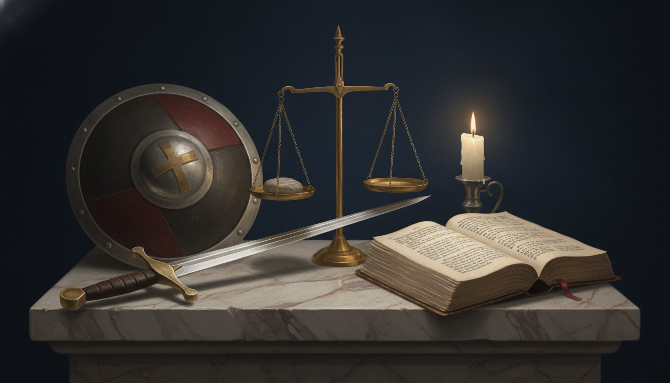 Natureza-morta sacra com espada, escudo com cruz, balança, Bíblia e vela sobre mármore