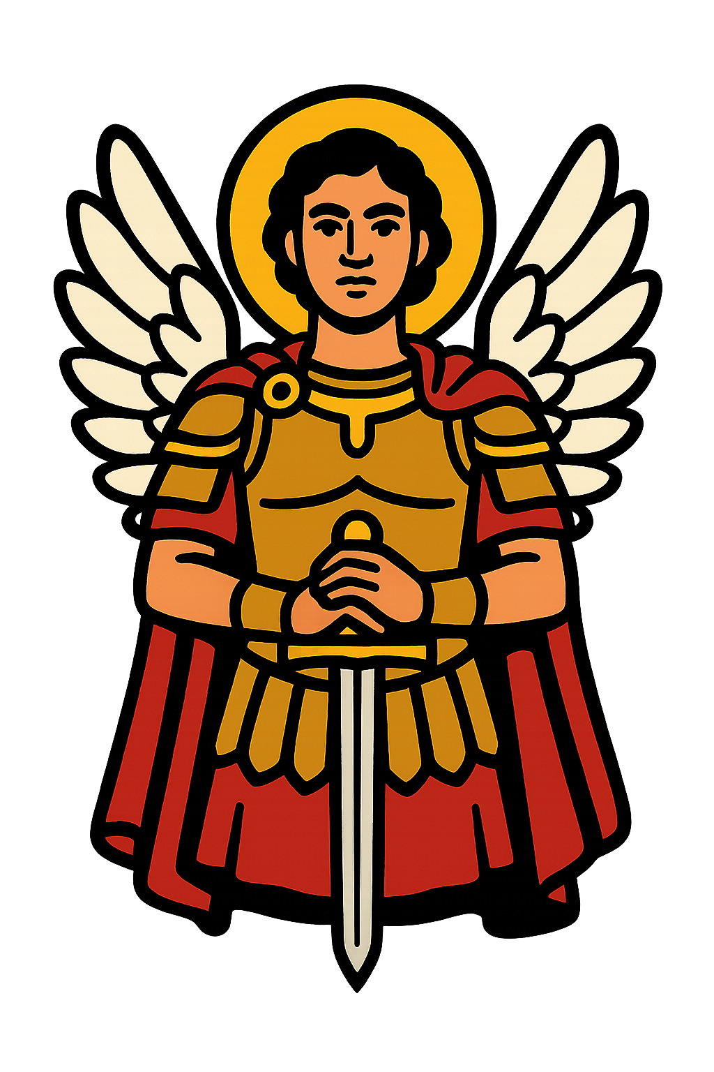 Ilustração de São Miguel Arcanjo com espada apoiada como cruz